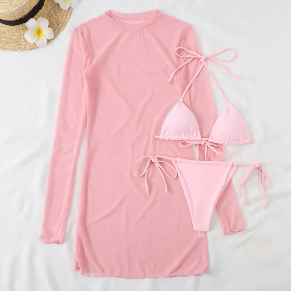 

3 шт./компл. шикарный комплект бикини, платье с лямкой на шее, тонкий бюстгальтер, стринги, накидка, сексуальный комплект бикини из трех предм...