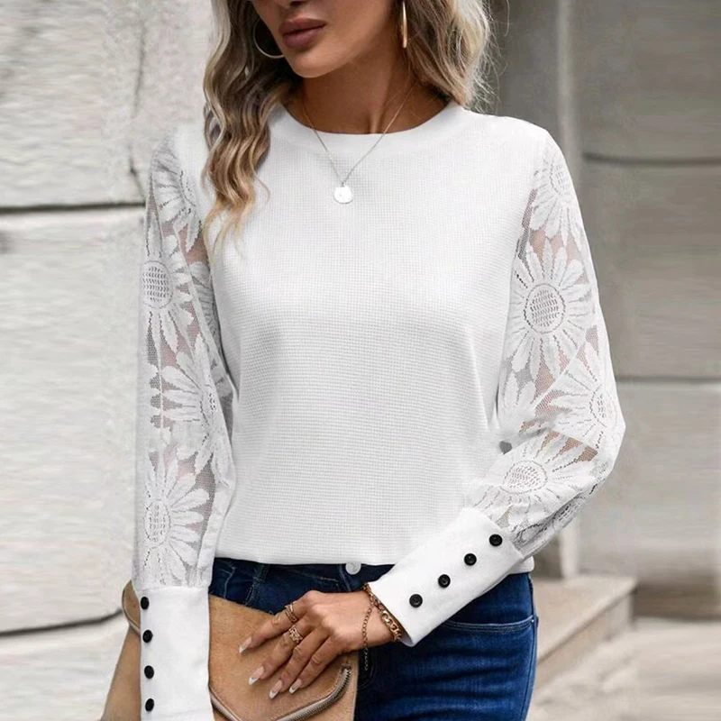 Женская рубашка с длинным рукавом весенне-осенняя белая кружевная футболка на