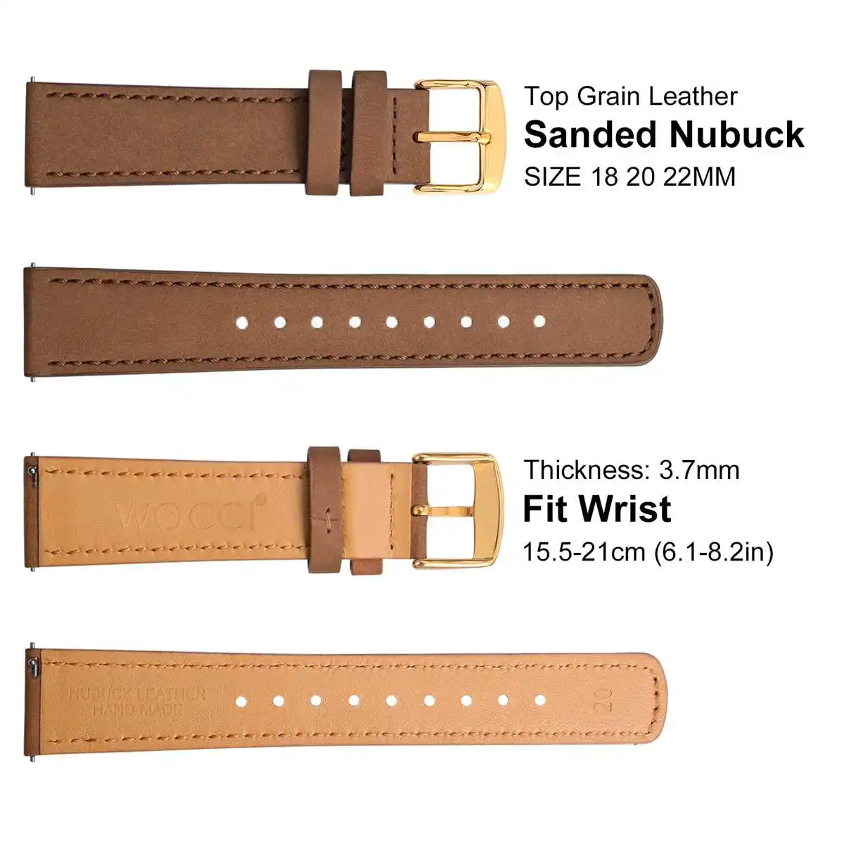 WOCCI Nubuck Top Grain Leather Watch Straps 18mm 20mm 22mm Black Green Brown Watchband with Quick Release Pin and Golden Buckle