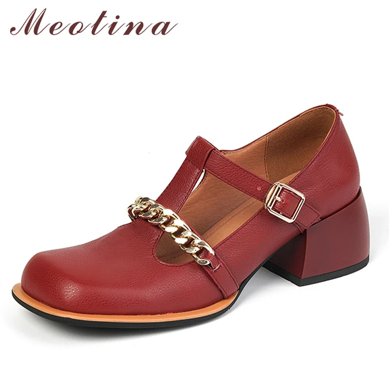 

Meotina Women T-Strap Shoes Genuine Leather High Heels Chain Pumps Thick Heels Buckle Ladies Footwear 2022 Spring Wine Red 33-40