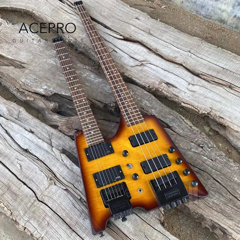 

In Stock Double Neck Headless Electric Guitar Vintage Sunburst Flamed Maple Tremolo Bridge 6 String Guitarra+4 String Bass Combo