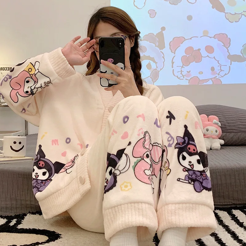 

Women Sweet Winter Flannel Warm V-Neck Cardigan Home Suit Cartoon Cute Sleepwear Coral Fleece Thicken Tops Pants Pajamas Sets