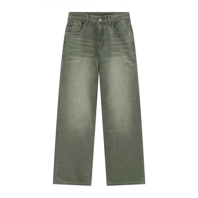 Poetry | Four Seasons New Products Korean Version Loose Straight Personality Wash Water Waist Green Frayed Jeans For Men