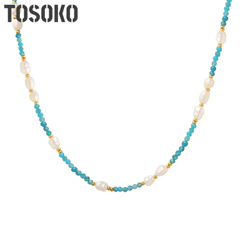 

TOSOKO Stainless Steel Jewelry Chain Necklace Female Natural Freshwater Pearl Stone Splice Elegant Collar Chain BSP1262