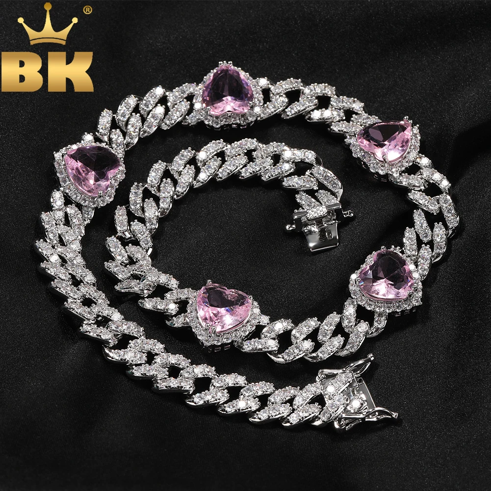 

The BLING KING 9mm Miami Cuban Chain With Pink Heart Gems Iced Out Cubic Zirconia Link Chain Necklace Charm Hiphop Jewelry