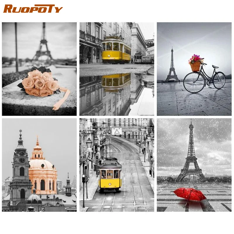 

RUOPOTY 60×75cm DIY Paint By Numbers Black And White Building Modern Handpainted Oil Painting On Canvas Home Wall Decor For Livi