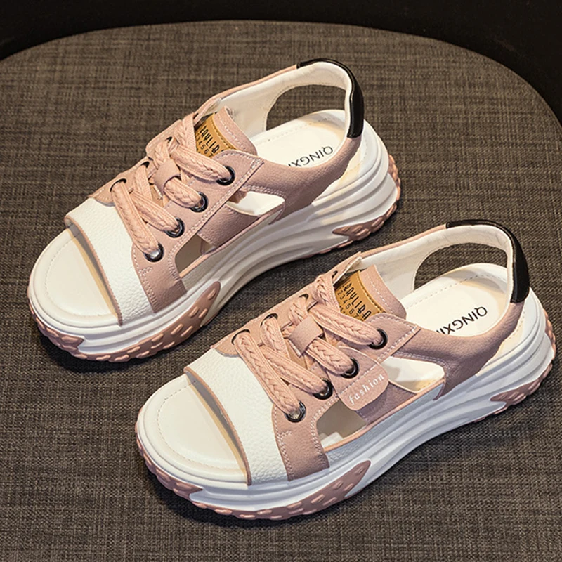 Peep Toe Genuine Leather Comfy Hollow Sandals Breathable Shoes Chunky Sneakers Spring Summer Platform Wedge Women Shoes