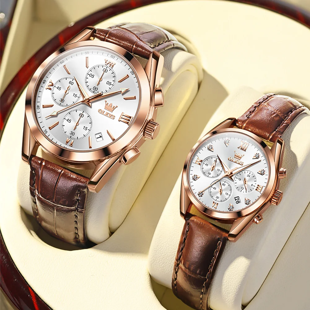 OLEVS Couple Watch for Men Women Waterproof Quartz Wristwatch Men Women Leather Strap Chronograph Design Lover's Watch Gifts