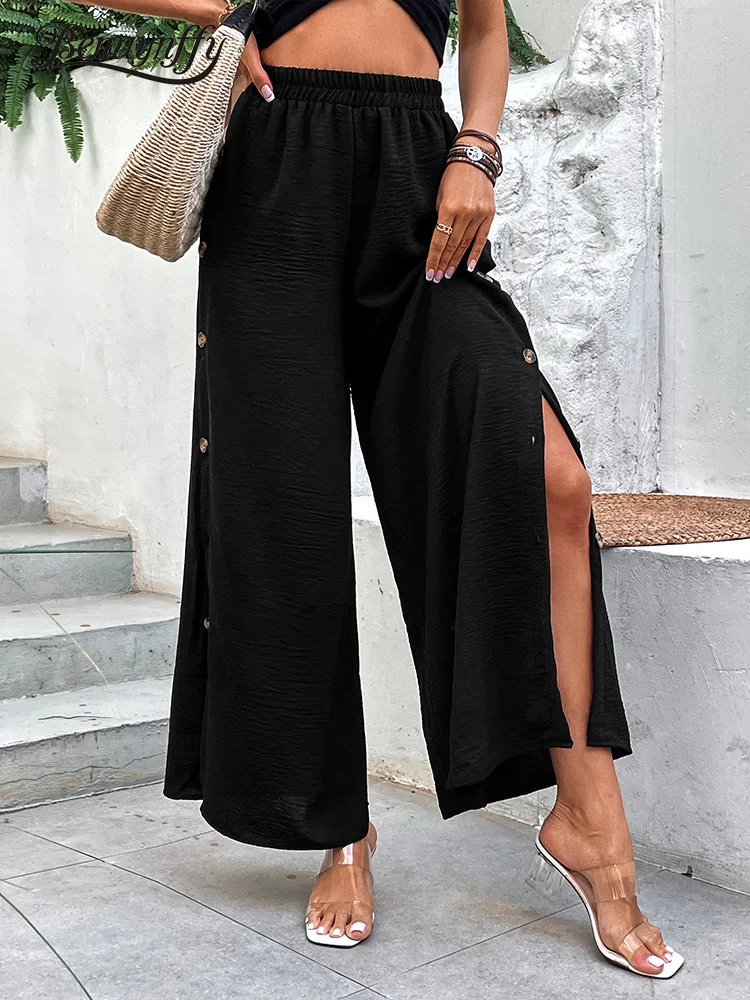 

Benuynffy 2023 Summer New Black Split Wide Leg Pants Women Fashion Korean Buttons Casual Elastic Waist Female Bottoms