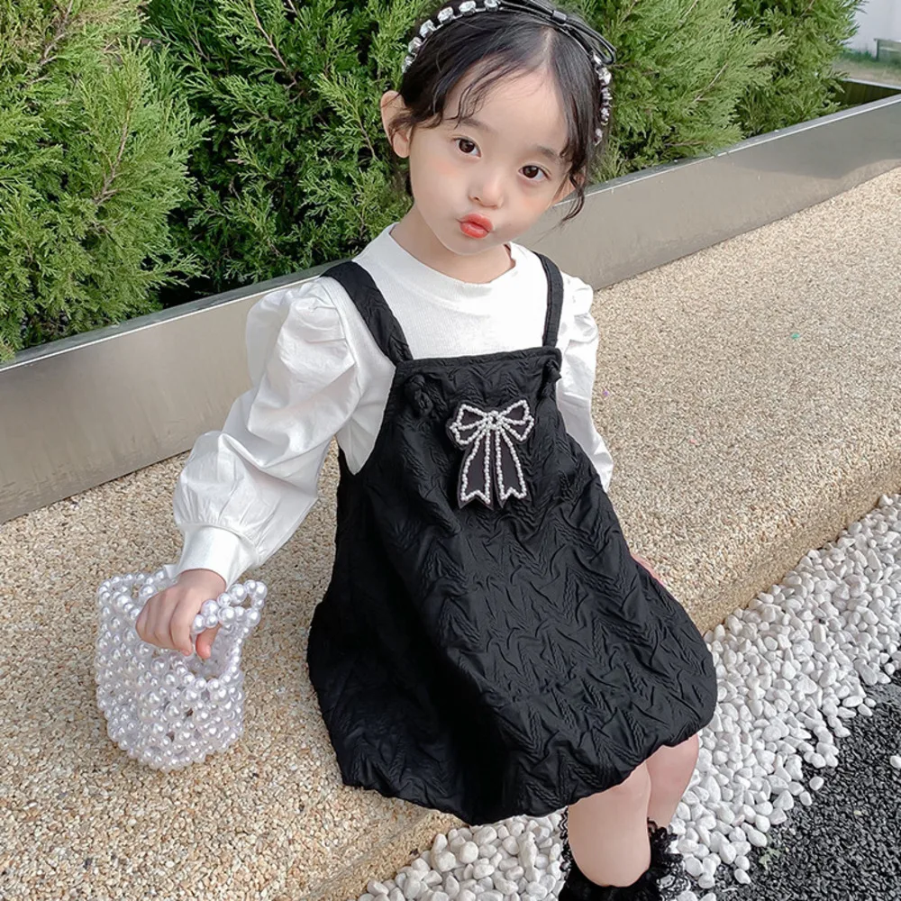 

2022 New Children's Dress Two Piece Bubble Sleeve Bottomed Shirt Back Strap Skirt Set Two-piece Little Girls Clothing