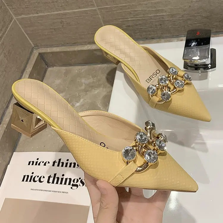 

High-Heeled Shoes Lady Woman's Slippers Pointed Toe Slides Female Mule Med Jelly Flip Flops 2022 Mules Cover Glitter Retro Pumps