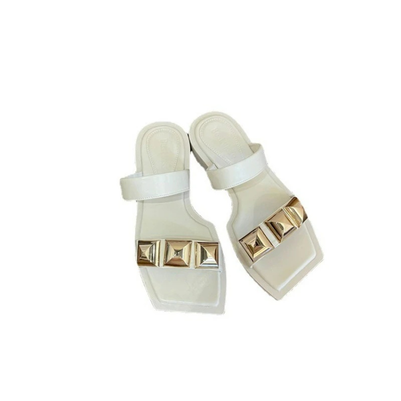 

One-line Square Head Slippers Women's 2022 Summer New Fashion Middle Heel Outer Wear Slippers