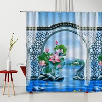 chinese style retro screen shower curtain peony flower classical art background waterproof with hooks bath curtain bathroom deco