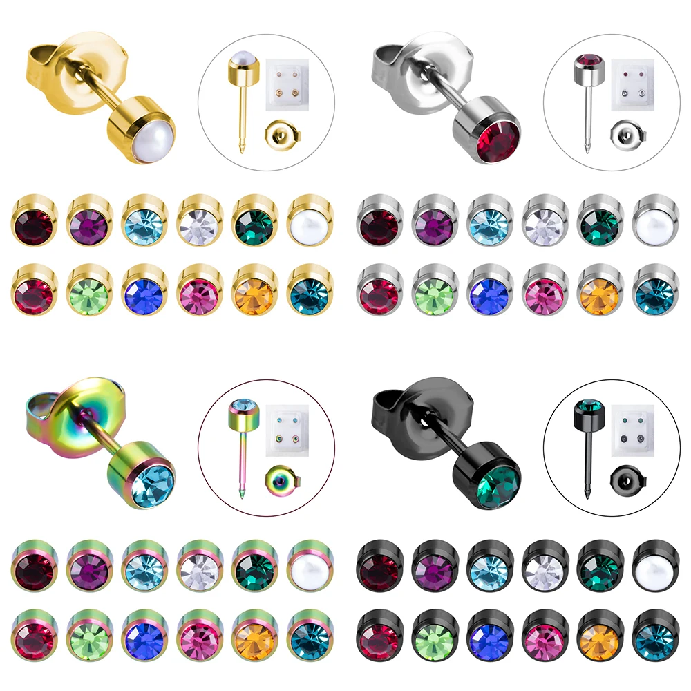 

Wholesale 12 Pairs CZ Stone Stud Earring Gold Black Rainbow Silver Color 316L Surgical Steel Piercing Gun Earrings Jewelry 20G