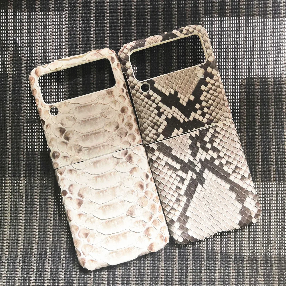 

2in1 100% Genuine Python Leather Phone Case For Samsung Galaxy Z Flip 3 Flip3 5G Real Snakeskin Shockproof Armor Back Cover