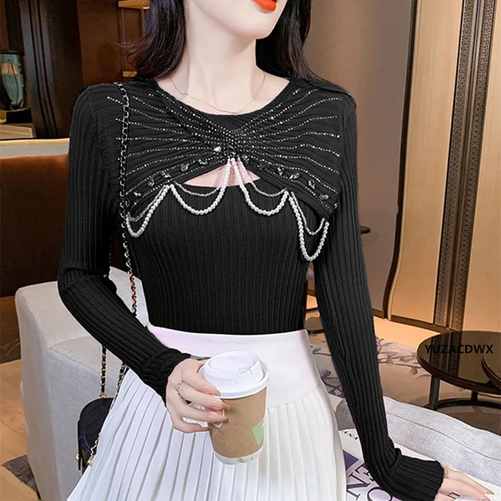Сексуальные ажурные вязаные свитера женские топы осенний новый джемпер модный