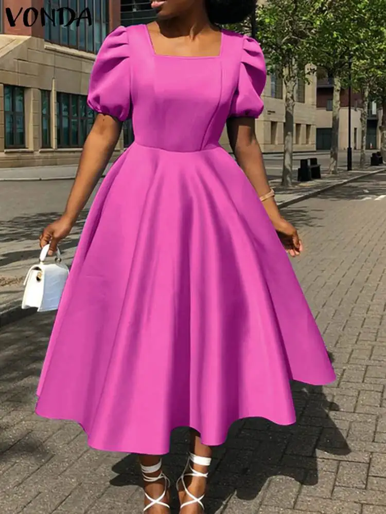 

VONDA Oversized Femme Square Collar Pleated Robe Casual Solid Sundress Party Vestidos Women Summer Loose Puff Sleeve Midi Dress