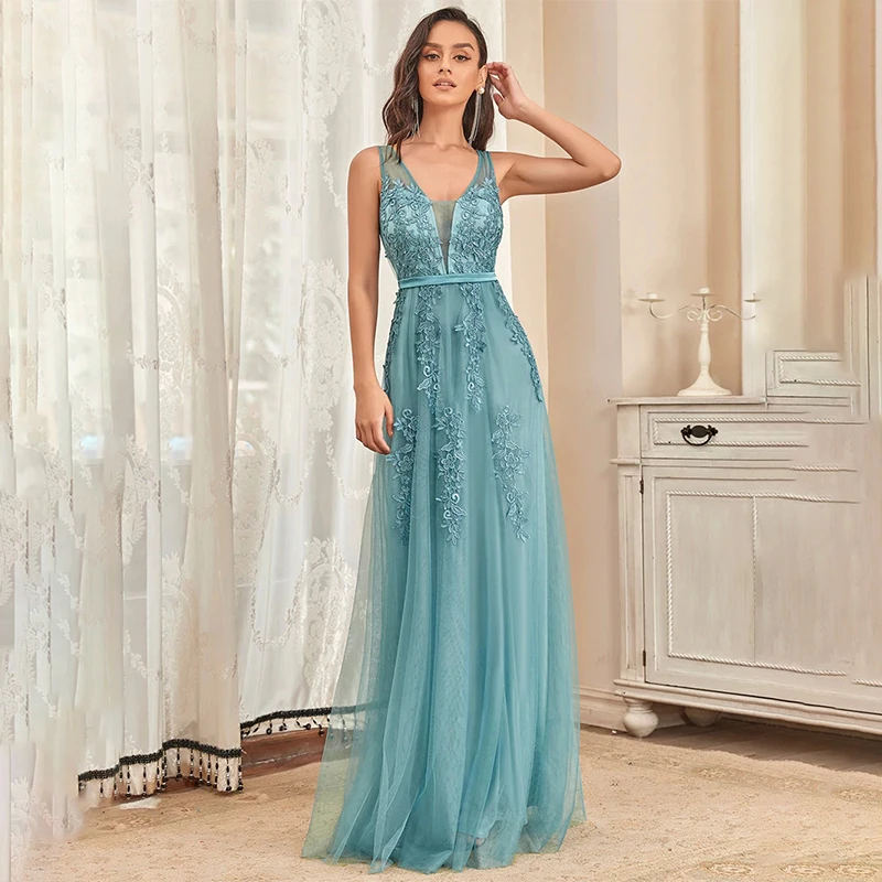 

Elegant Evening Dresses Long Lace Beading Vneck Sleeveless 2022 Ever Pretty of Dusty Blue Simple Backless Prom Dresses Women