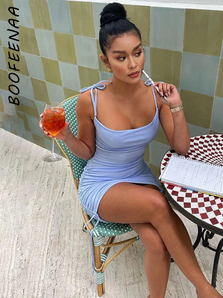 

Сексуальные облегающие платья BOOFEENAA со шнуровкой и рюшами для женщин, одежда для вечерние НКИ, ночного клуба, Летнее мини-платье