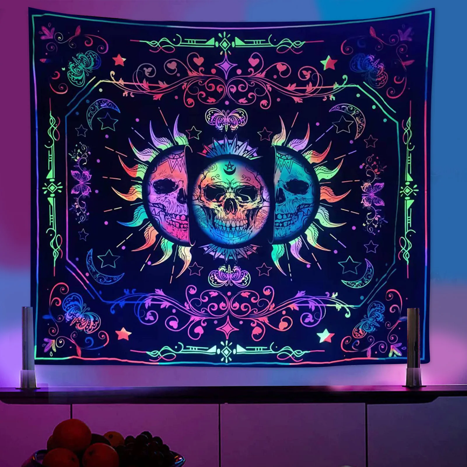 

Blacklight Tapestry Skeleton Tapestry For Bedroom Aesthetic UV Reactive Skull Tapestry Wall Hangings Psychedelic Black Light