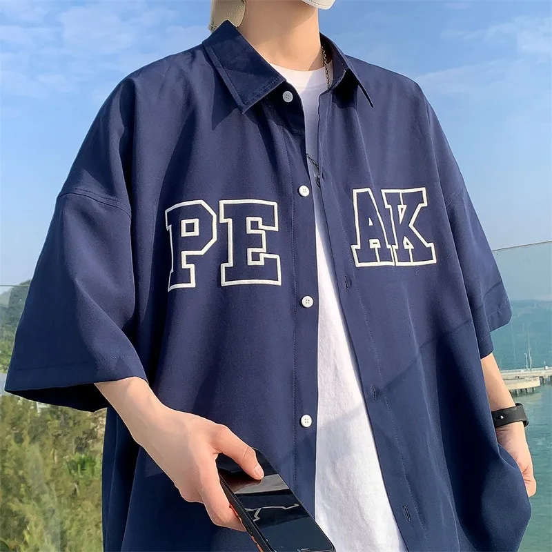 

Thin Men's summer short-sleeved shirt cool feeling ice silk half-sleeved outside wear shirt loose fashion college style