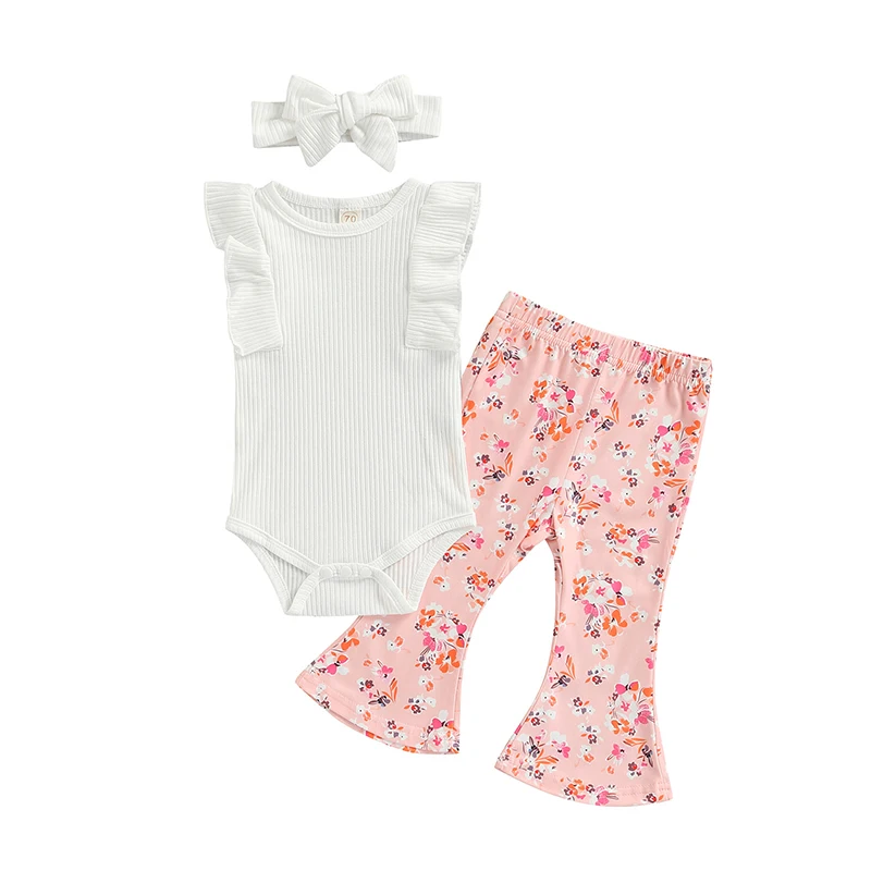 

Pudcoco 0-24M 3Pcs Newborn Kids Infant Girls Sleeveless Ruffles Bodysuit+Floral Print Flare Pants+Hairband Clothes Sets