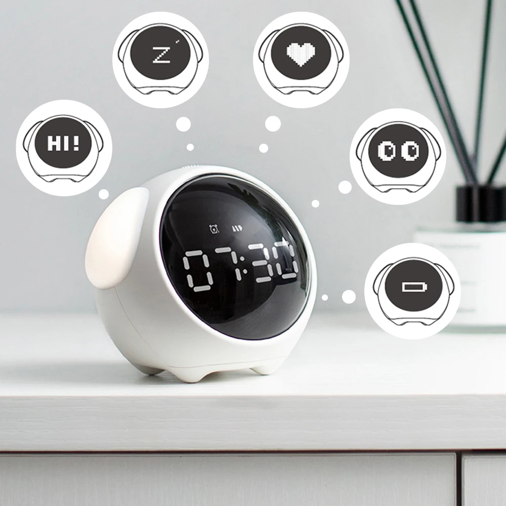 

New Digital Alarm Clock Cute Expression Clock Child Wake Up Clock Multifunctional Bedside Voice Control Night Light Chargeable