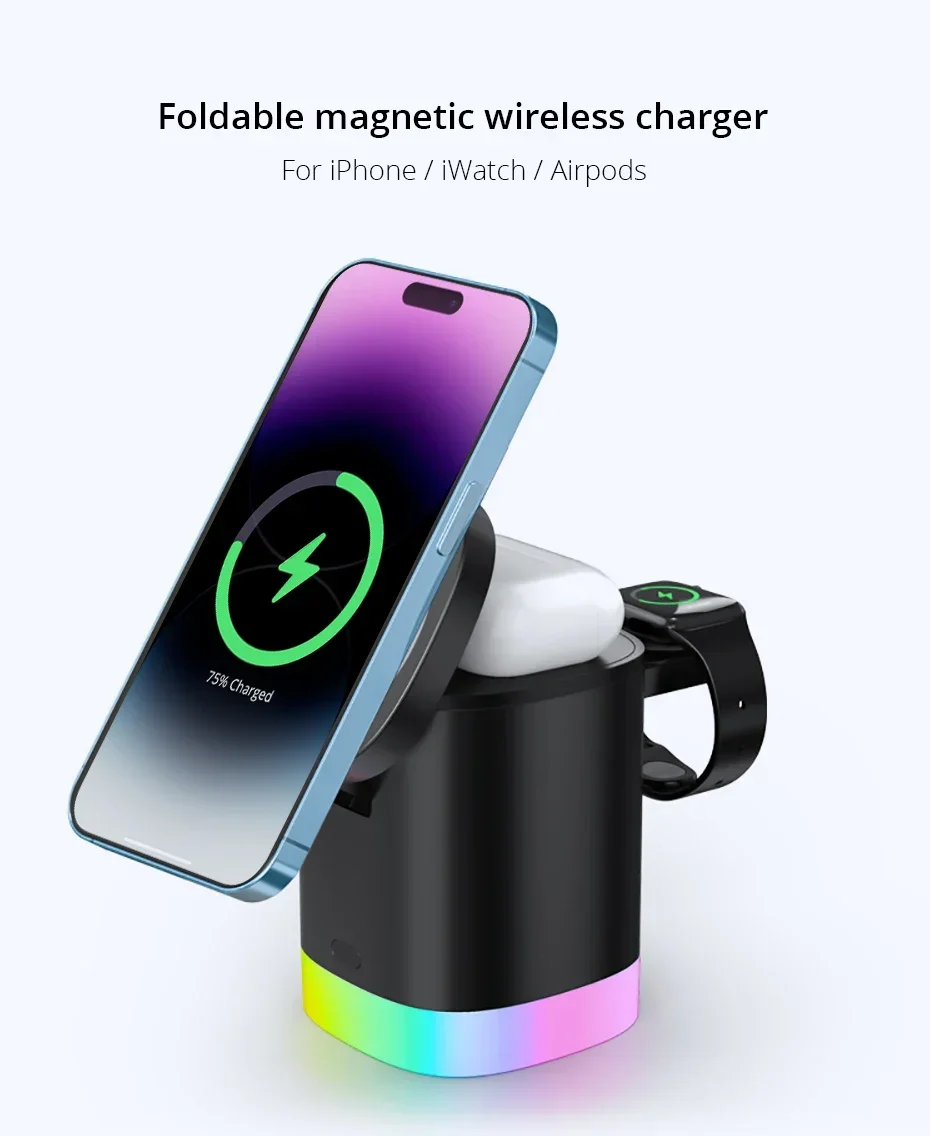 Магнитное беспроводное зарядное устройство 3 в 1 с RGB-подсветкой для iPhone 14 13 12 Pro Max