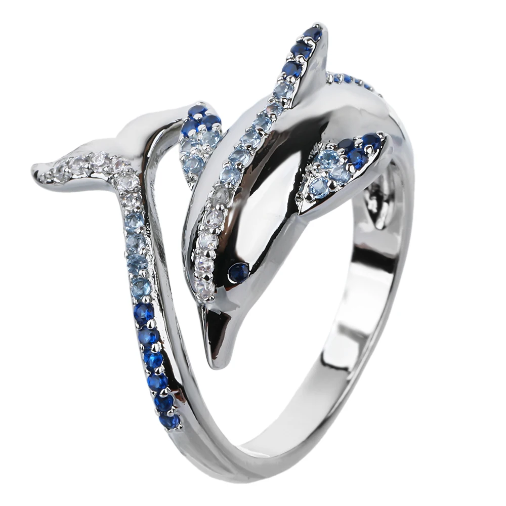 Poulisa Dolphin Open Ring 925 Sterling Silver Women S925 Dolphins Cubic ZIrconia 18K White Gold Plated Opening Rings Classic