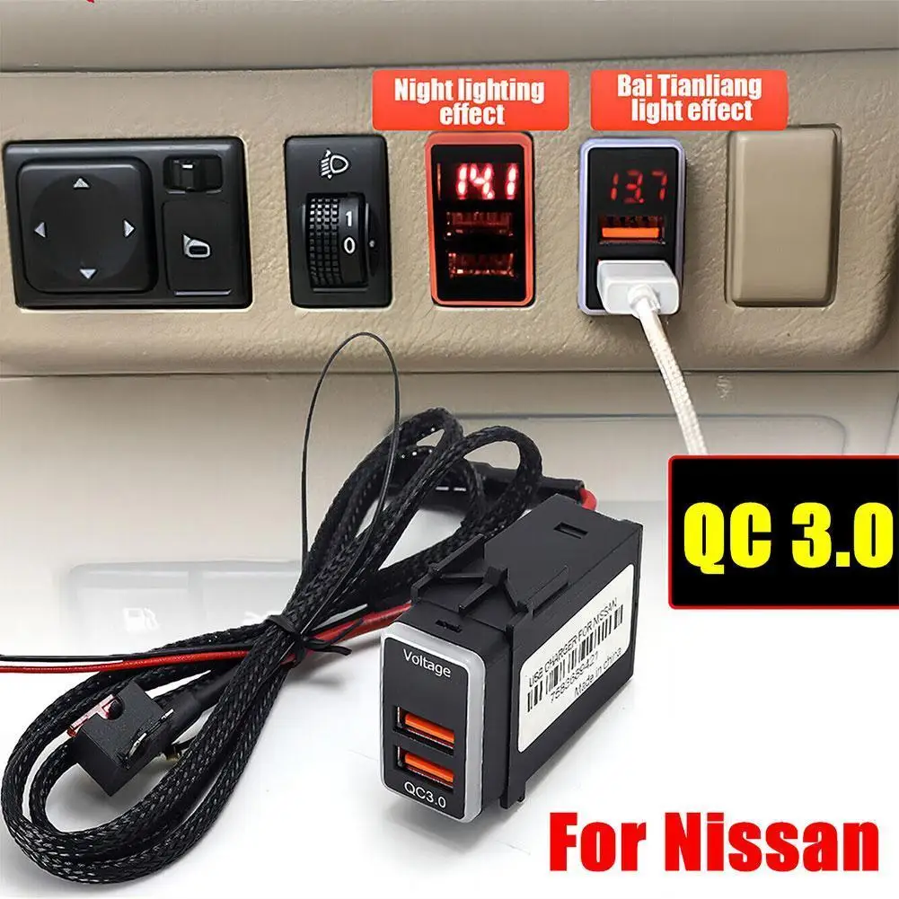 

For Nissan QC 3.0 USB Car Charger Quick Charging Phone Adapter Port LED Digital Voltmeter For Nissan U3R8