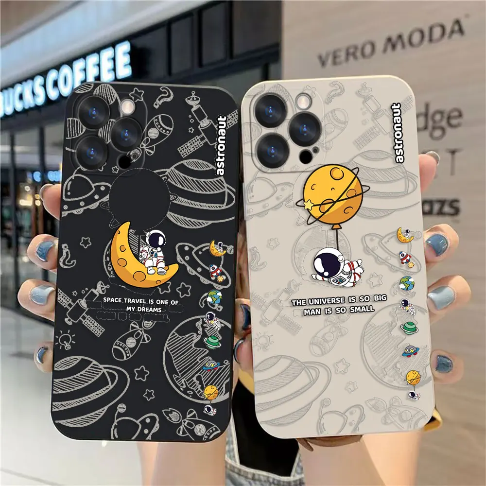 Case For Apple iPhone 14 13 12 11 Pro XS Max Mini X XR SE 7 8 6 6S Plus Case Funda Cqoue Shell Capa Cartoon Minimalist Astronaut