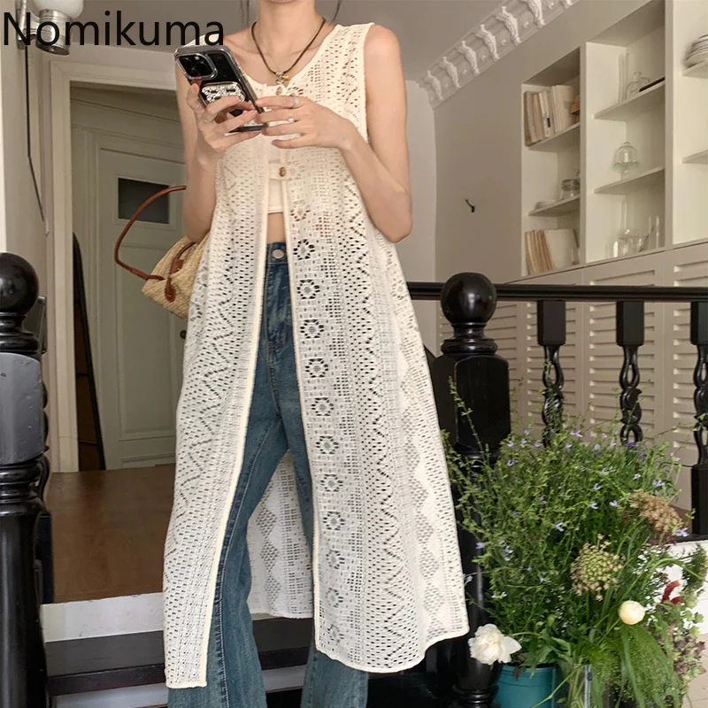 Женское кружевное платье без рукавов летнее тонкое свободное Прозрачное 2024