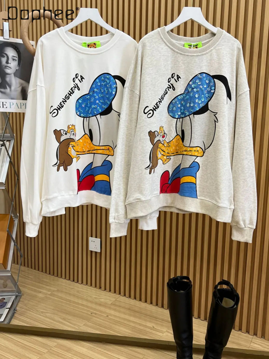 

White Pullover Sweatshirts for Women Autumn New Oversize Heavy Industry Cartoon Sequins Crew Neck Cotton Hoodie Coat for Female