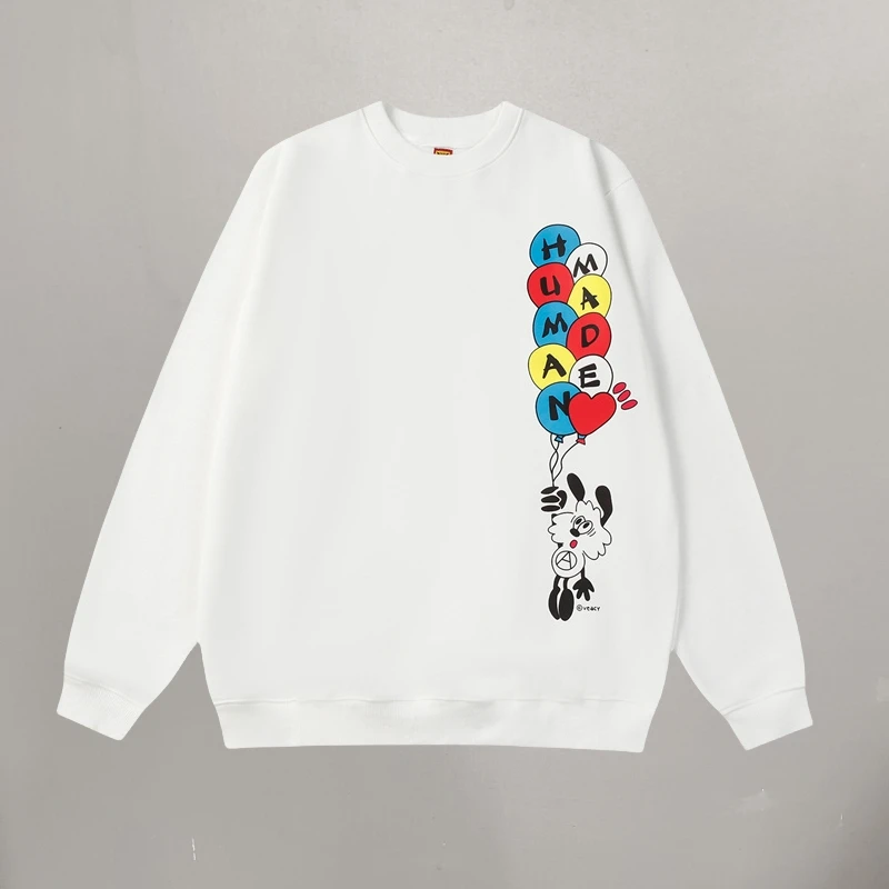 

Cartoon Figure Balloon Letter Print Human Made Crewneck Pullover Men Women Long Sleeved Hoodie Loose Casual Sweatshirt