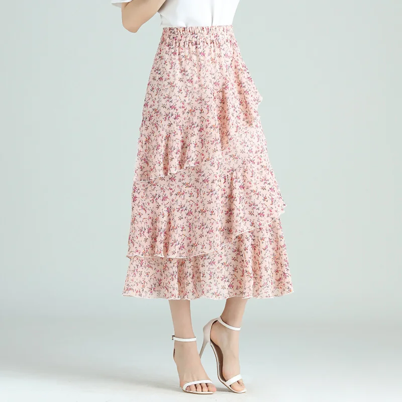 

Fashion Ruffles Spliced Print Long Skirt Women 2022 Summer New Elegant Korean Style Casual Loose Chiffon Floral Cake Skirts 6376