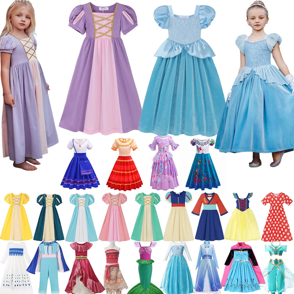 

Cotton Princess Style Maxi Dress Girls Disney Cinderella Aurora Elsa Anna Gown Soft Clothing Kid Party Mirabel Cosplay Outfit