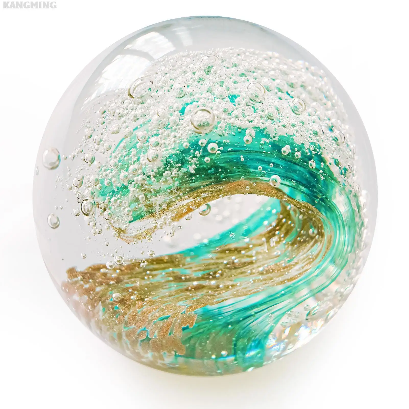 

KANGMING Hand Blown Glass Figurines Ball Ocean Waves,Office Paperweight Glass for Desk,Home Decor Collectible,Aquarium Decor