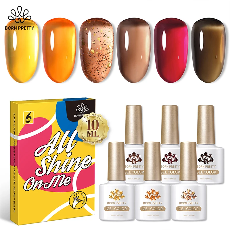 

BORN PRETTY 6 Bottles Crystal Amber Nail Gel Polish Set 10ml Autumn Winter JellySoak Off UV LED Gel Semi-Permanant Varnish Kit
