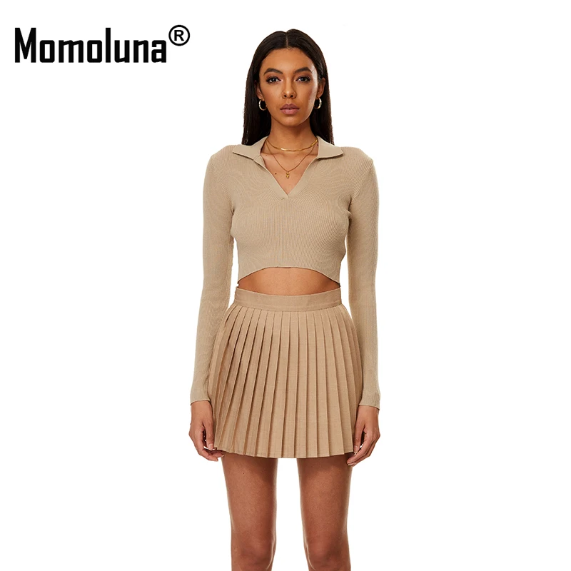 

Momoluna Woman Ribbed Polo V neck Long Sleeve Thin Knitwear Pullover Cropped Sweater