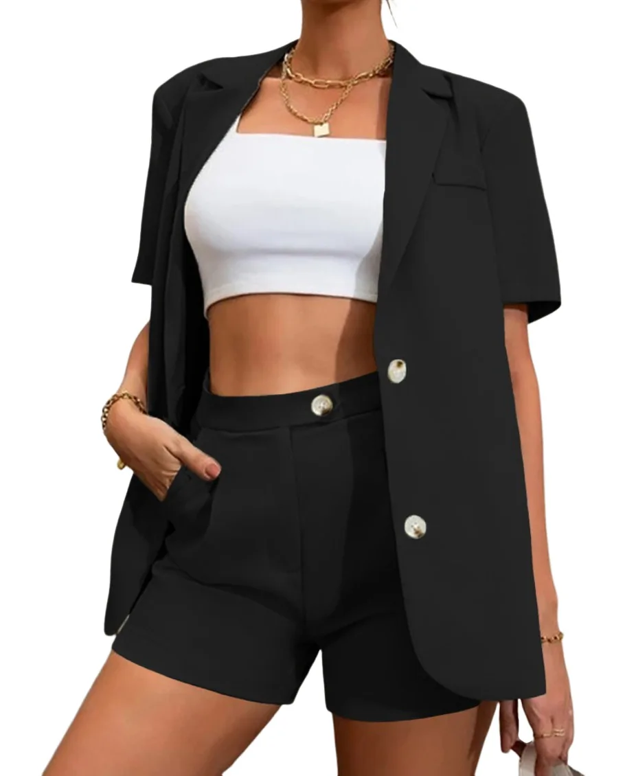 

2023 New Women Shorts Jacket Two-piece Set for Women Matching Sets Playwear In Short Sets Pink Short-sleeved Suit Jacket + Short
