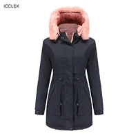 icclek new womens cotton padded clothes with wool collar on both sides detachable hat and cotton pie to overcome womens