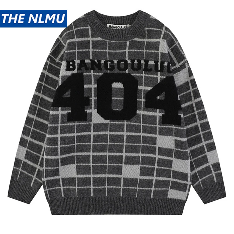 

Свитер мужской в клетку, винтажный вязаный пуловер свободного покроя с графическим принтом, в стиле хип-хоп, уличная одежда унисекс, Y2K