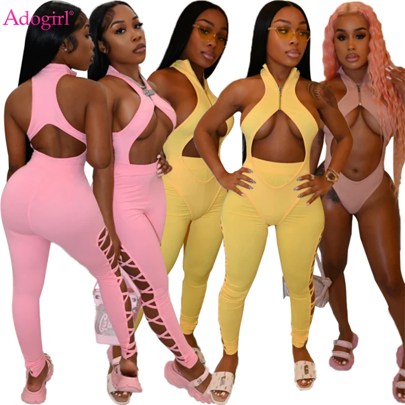 

Adogirl Women Sexy Two Piece Set Solid Cutout Sleeveless Zipper Bodysuit Top + Cross Hollow Out Pencil Pants Summer Beach Outfit