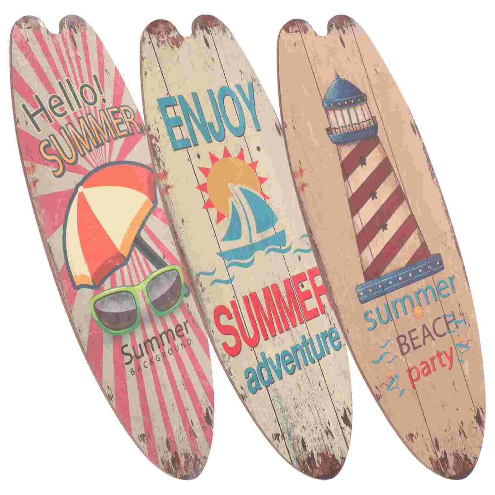 

3 Pcs Summer Themed Wall Decor Decoration Coffee Shop Plaque Outdoor Hanging Decorations Wooden Surfboard Seaside Signs