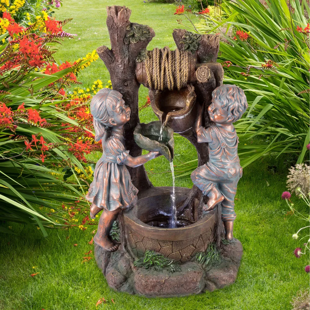 

Garden Children at the Well Water Fountain with LED Lights- Lighted Outdoor Fountain with Antique Design for Decor on Garden