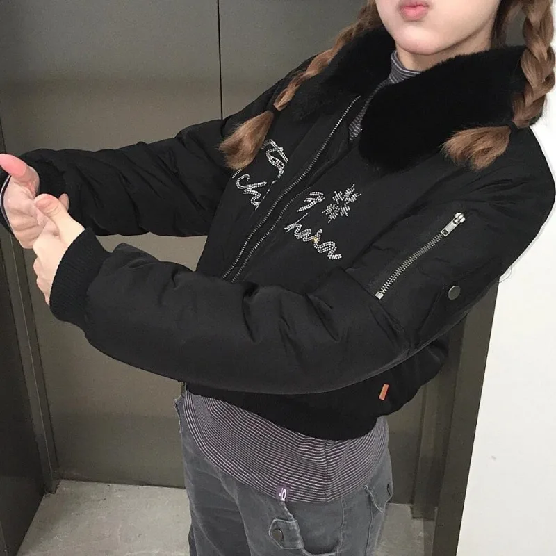Kimutomo куртки женские парки со стразами и буквами зимние винтажные меховые