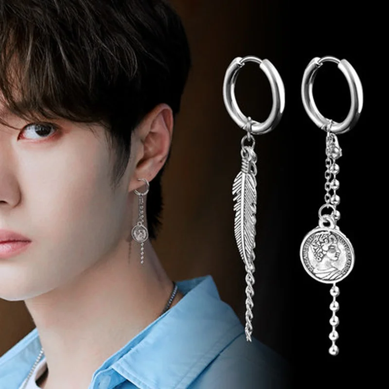 

Kpop Punk Fashion Stainless Steel Cross Asymmetric Earrings Men Women Korean Celebrities Classic Head Coin Clip Earrings Jewelry