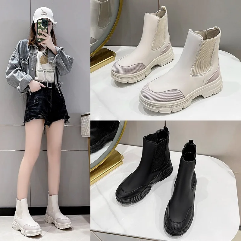 Chelsea Boots Chunky Boots Women Winter Shoes Cow Suede  Ankle Boots Black Female Autumn Fashion Platform Booties Women Shoes