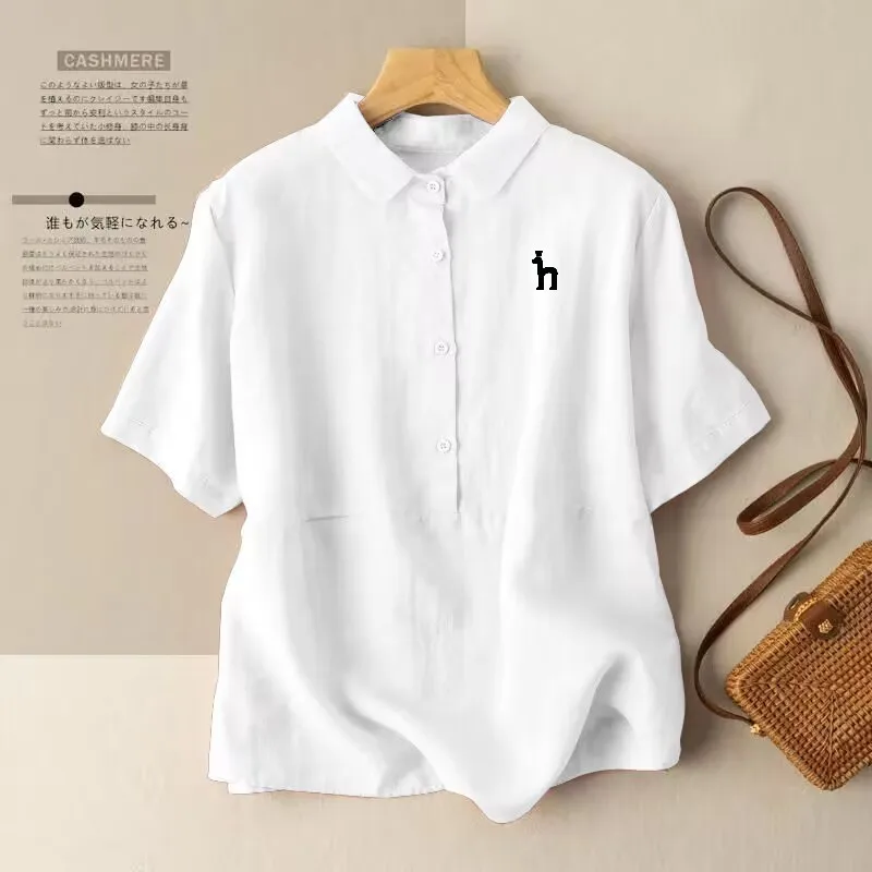 

Embroidered Logo Hazzys Women Shirts 2023 Summer Short Sleeve Tops Pullover Linen Shirt Ladies Cotton Blouse New Style