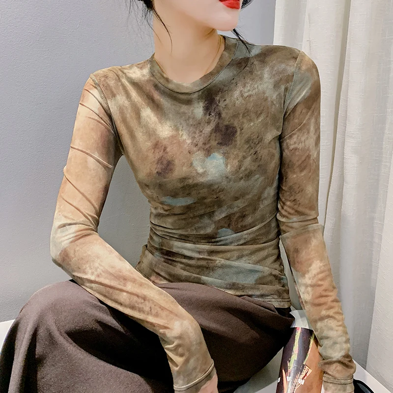 #8636 весенне-осенняя Сетчатая футболка с принтом Женская винтажная облегающая